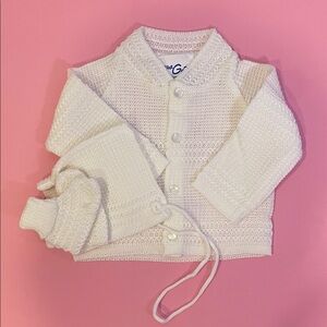 White Knit Baby Cardigan and Hat Set